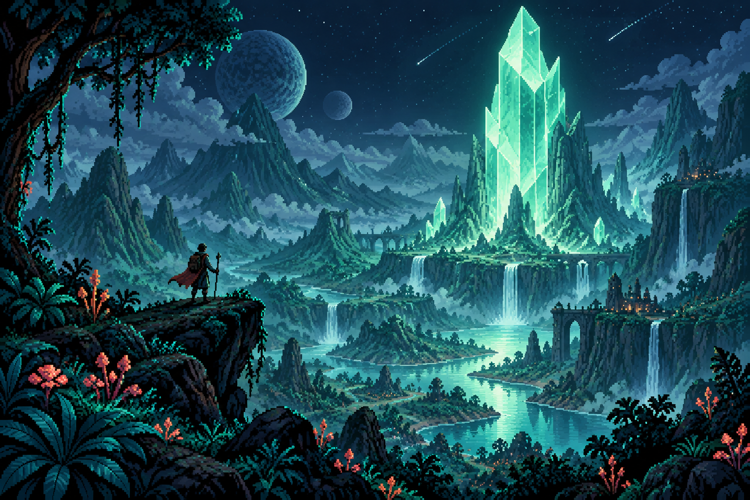 An original pixel-art world with glowing crystals and distant mountains